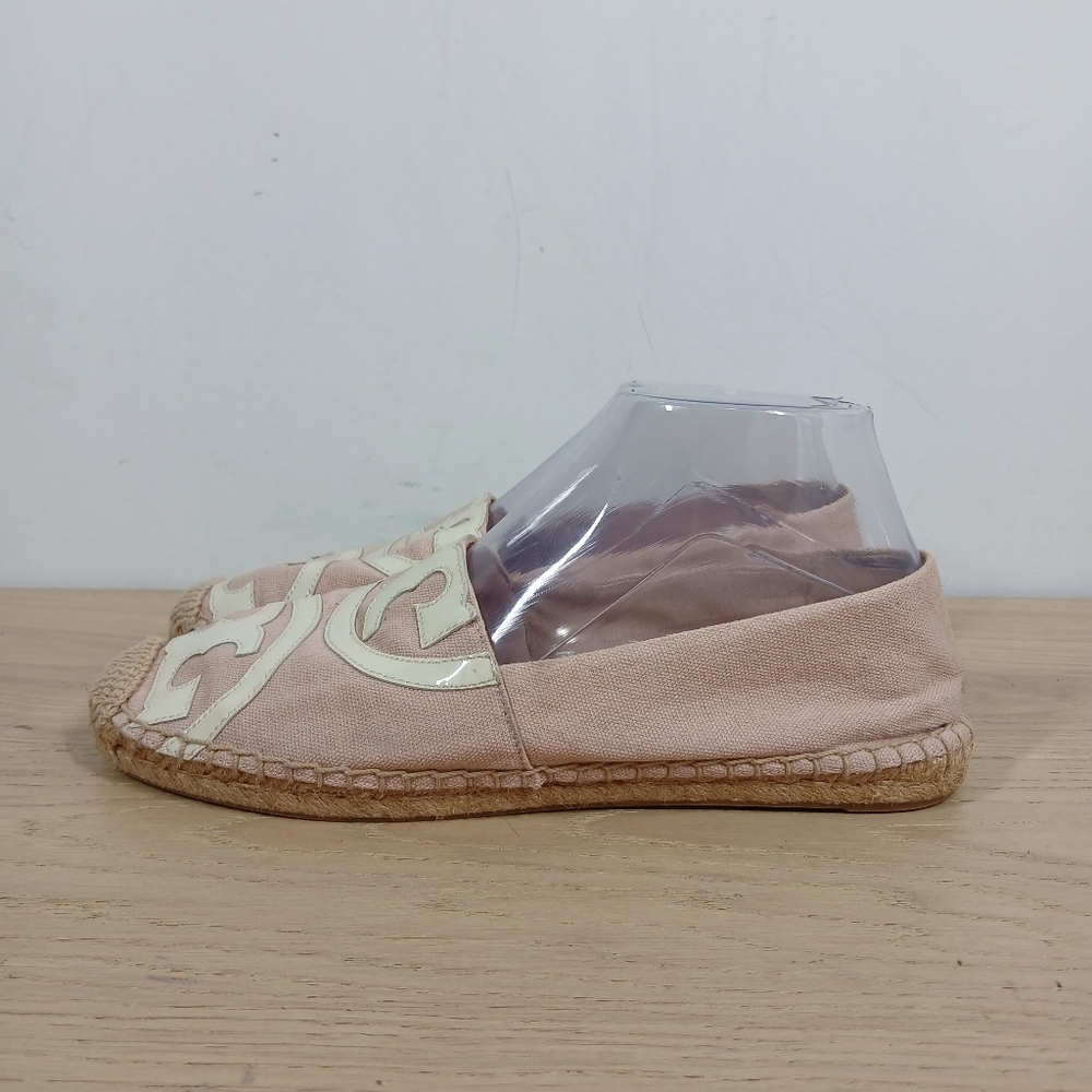 Tory‎ Burch Pink Beige Canvas Logo Espadrille Flat Loafers 1532